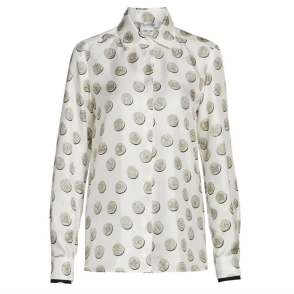 MAX MARA Top Unico Medallion Print 100% Silk Print Collared Button Down